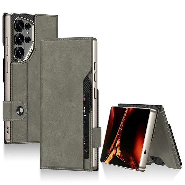 Husa telefon, pentru Samsung Galaxy S26 Ultra, GKK, gri, material Poliuretan/TPU, functie suport, doua sloturi pentru carduri