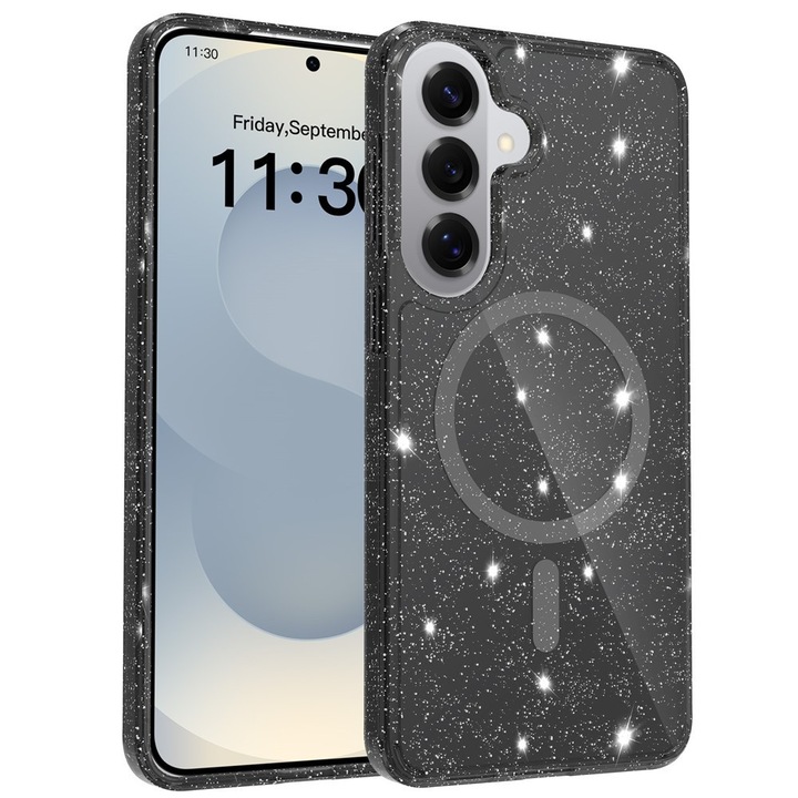 Husa pentru Samsung Galaxy S26 Plus, compatibila MagSafe, cu sclipici, transparenta / neagra