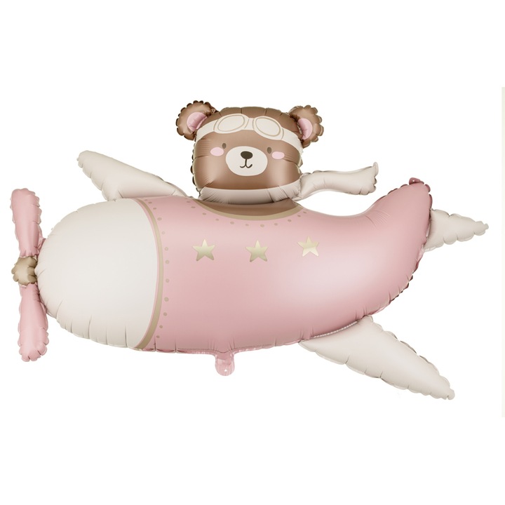 Balon din folie Ursulet in Avion, 94x61cm, roz deschis