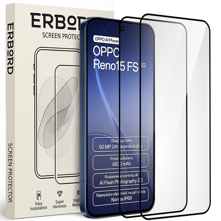 Set 2x Folii de Protectie ERBORD 3D pentru Oppo Reno 15 F / 15 FS, Tarie 9H, Transparent, Montaj Usor