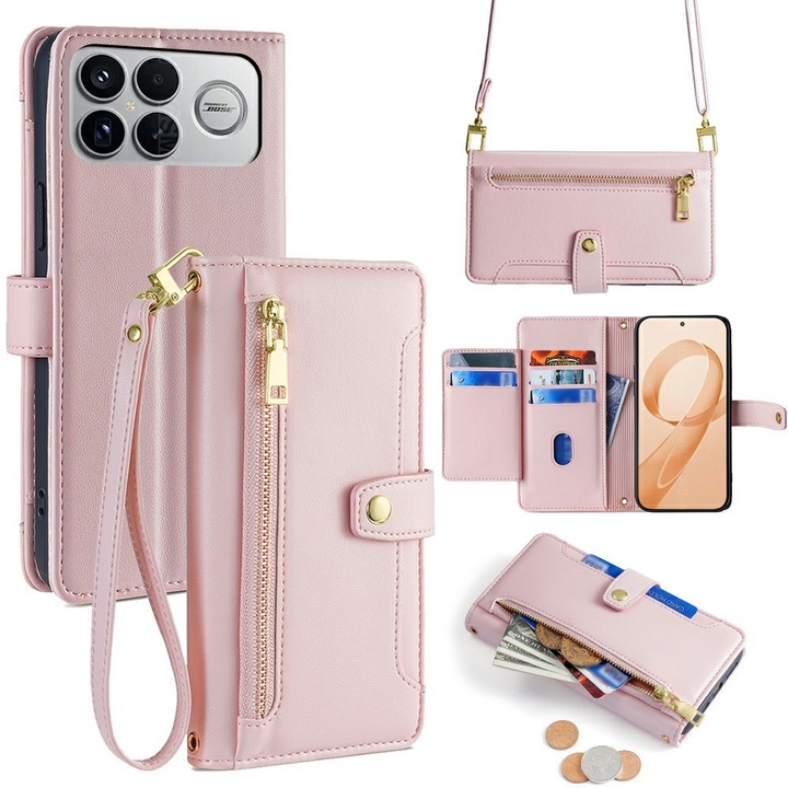 Husa flip pentru Xiaomi Poco F8 Ultra, Portofel cu fermoar, roz