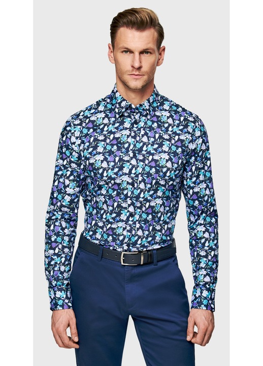 Camasa barbati casual Pako Lorente Croiala Slim Fit cambrata pe talie Imprimeu floral pe toata suprafata Cu bumbac Bleumarin, Bleumarin