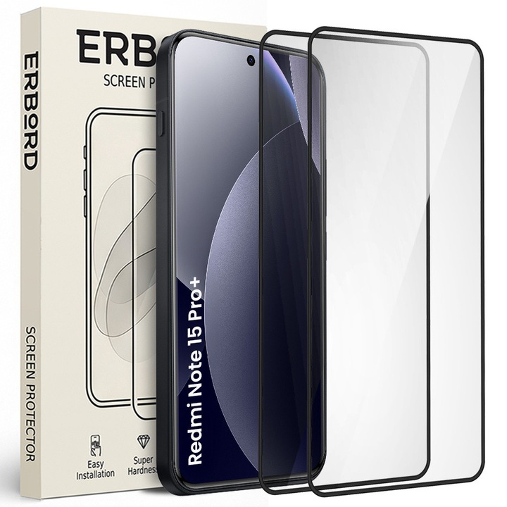 Set 2x Sticla Temperata ERBORD 3D pentru Xiaomi Redmi Note 15 Pro Plus 5G / Poco M8 Pro 5G, Protectie Completa, 9H, Transparent