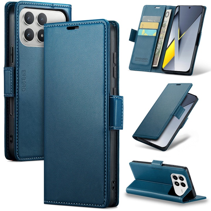 Husa pentru Xiaomi Poco F8 Ultra, ERBORD Glossy Litchi, portofel cu clapeta, albastru
