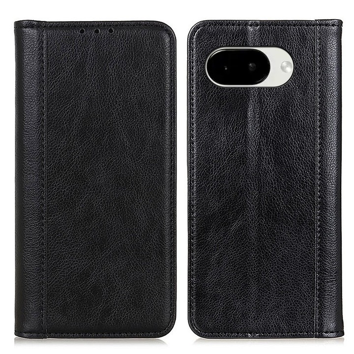 Husa cu clapeta pentru Google Pixel 10a, piele split, neagra, functie portofel si suport