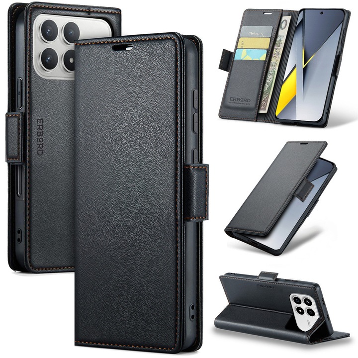 Husa pentru Xiaomi Poco F8 Ultra, ERBORD Glossy Litchi, portofel cu clapeta, negru