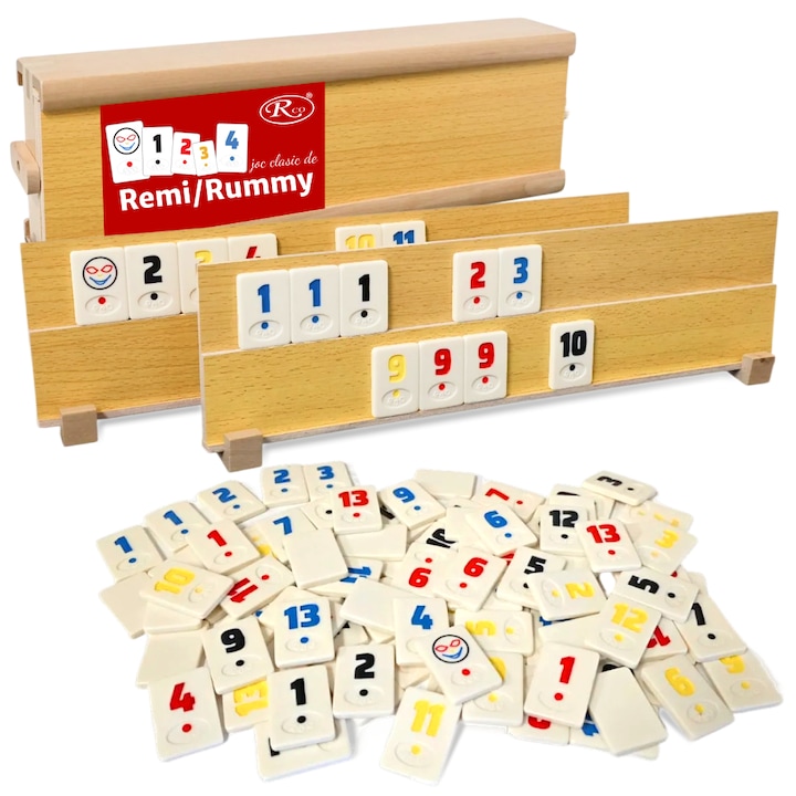 Joc Remi/Rummy RCO® – Set clasic in cutie din lemn, piese din piatra (compozit), CB10