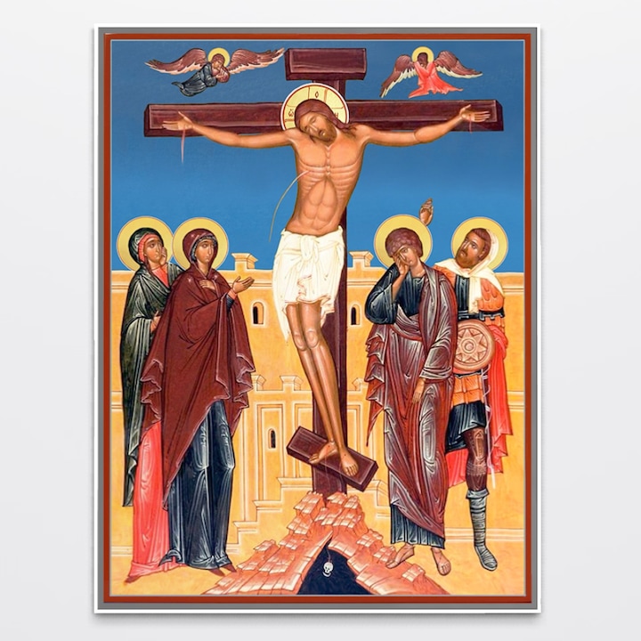 Tablou Canvas Premium, LuxCanva® H1095, Rama Aluminiu Silver, Jertfa Iubirii Divine, 75 X 100 CM, Panza Bumbac 100% 400g/m2, Sasiu, Lemn, Icoana, Mantuitor, Rastignire, Cruce, Sacrificiu, Golgota, Lacrimi, Fiu, Durere, Sange, Living, Dormitor