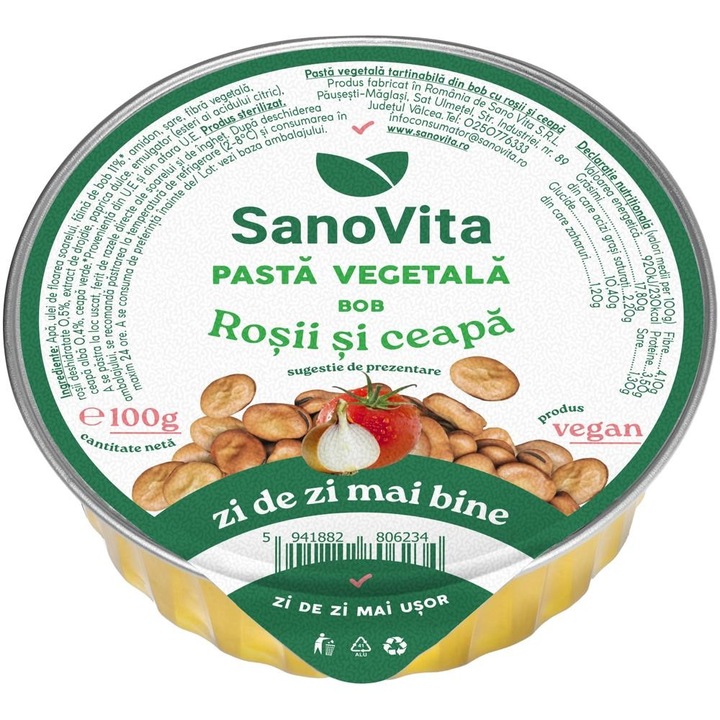 Set 3 x Pasta Vegetala din Bob cu Rosii si Ceapa, Sanovita, 100 g