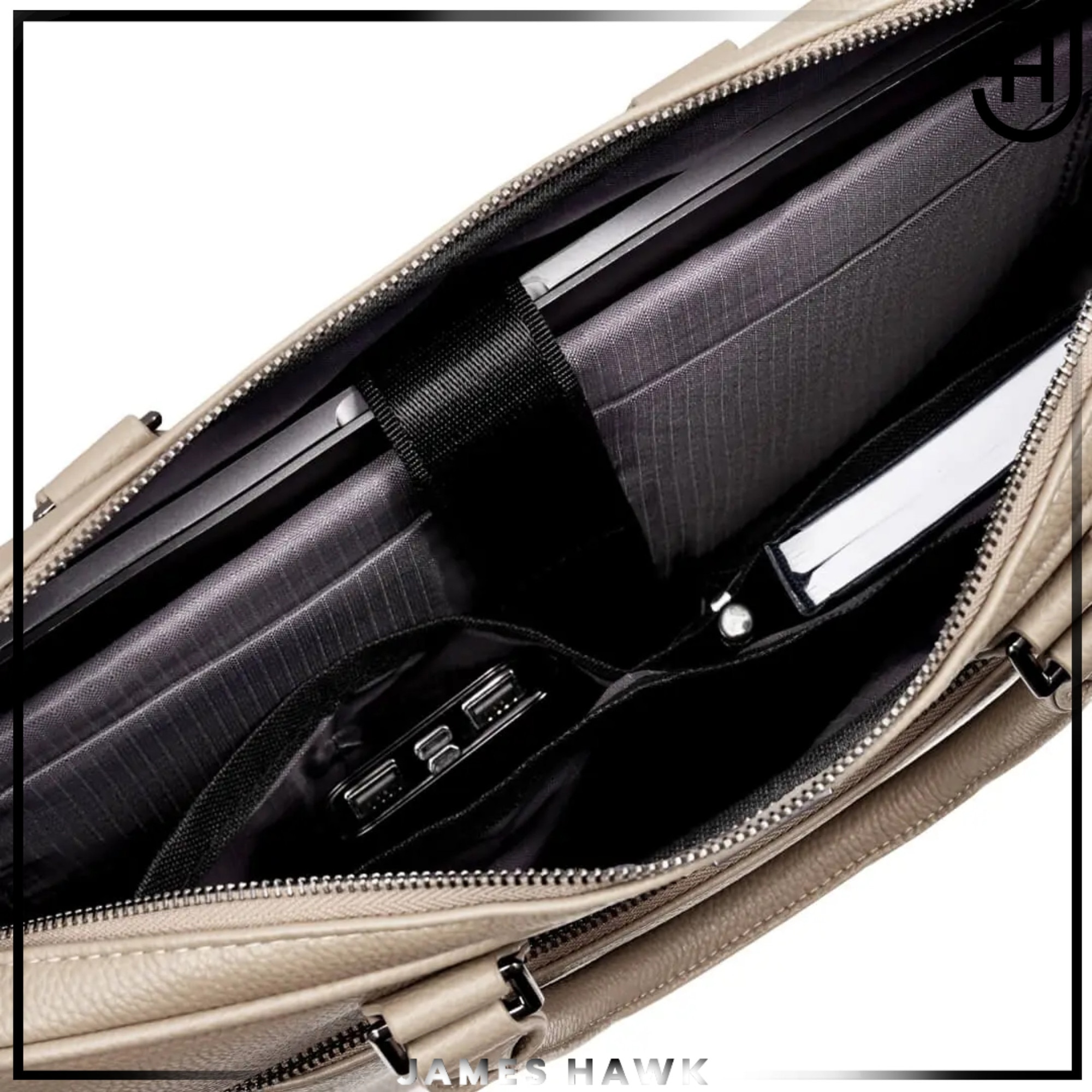 Geanta Laptop Si De Umar, James Hawk, Business Briefcase, 15.6 Inch, Bej-Gri, 38x29x7 cm, Curea De Umar Detasabila, Sistem Fixare Troler, Compartiment Documente, Protectie Antisoc, Eleganta, Rezistenta La Apa, Stil Office, Calatorii Business, Servieta