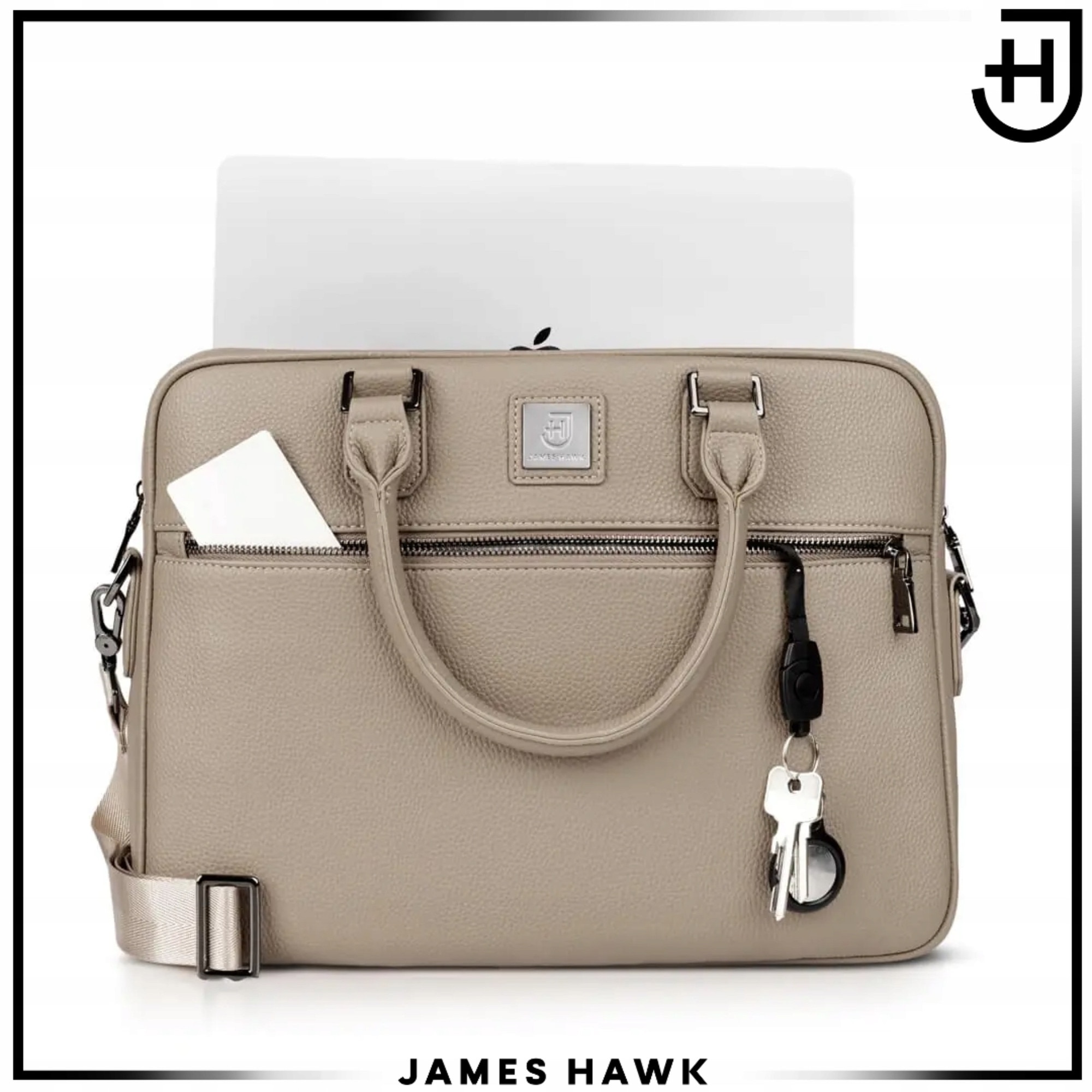 Geanta Laptop Si De Umar, James Hawk, Business Briefcase, 15.6 Inch, Bej-Gri, 38x29x7 cm, Curea De Umar Detasabila, Sistem Fixare Troler, Compartiment Documente, Protectie Antisoc, Eleganta, Rezistenta La Apa, Stil Office, Calatorii Business, Servieta