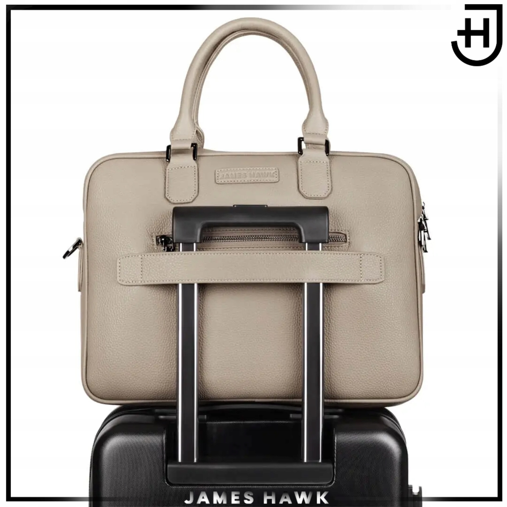 Geanta Laptop Si De Umar, James Hawk, Business Briefcase, 15.6 Inch, Bej-Gri, 38x29x7 cm, Curea De Umar Detasabila, Sistem Fixare Troler, Compartiment Documente, Protectie Antisoc, Eleganta, Rezistenta La Apa, Stil Office, Calatorii Business, Servieta