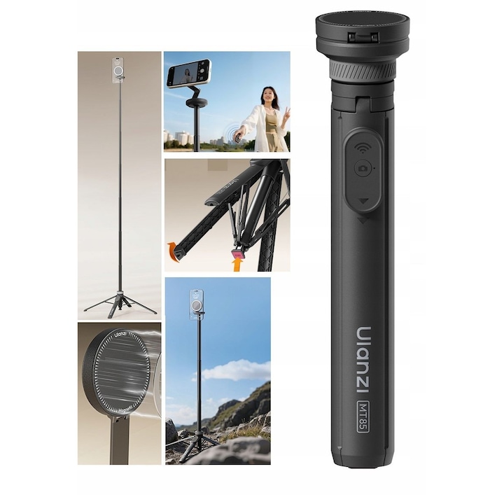 Trepied automat, Ulanzi, MT85, 1, 5 m, 1 kg, stick selfie, telecomanda Bluetooth pana la 10 m, extensie automata a picioarelor, structura telescopica, suport magnetic, negru, setul include: trepied, telecomanda Bluetooth, inel magnetic, plastic ABS