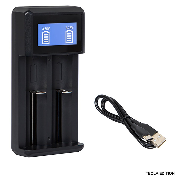 Incarcator universal XN-109 pentru acumulatori 18650, AA si AAA - 2 sloturi cu afisaj LCD, alimentare USB-C, protectii multiple