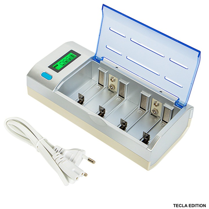 Incarcator universal XN-111 pentru baterii AA, AAA, C, D si 9V - Cu afisaj LCD, incarcare rapida si protectie integrata, 4 sloturi, alimentare 100-240V