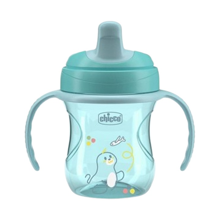 Polipropilén itatópohár, csőrös, fogantyús, 200 ml, Chicco Training Cup 180639, kék 6-9 hónapos 9-12 hónapos
