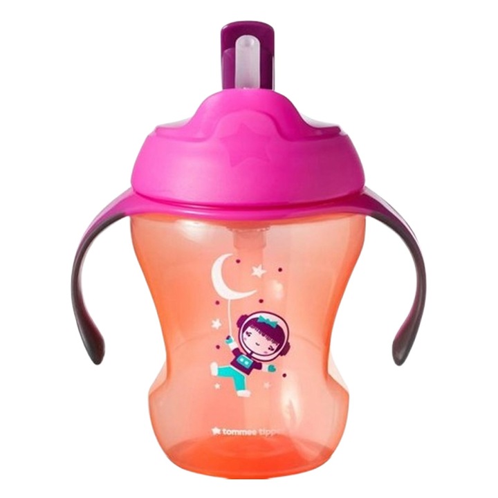 Неразливаща се полипропиленова бутилка със сламка и дръжки за момичета, 230 мл Tommee Tippee Straw 470140, оранжева 6-9 месеца 9-12 месеца