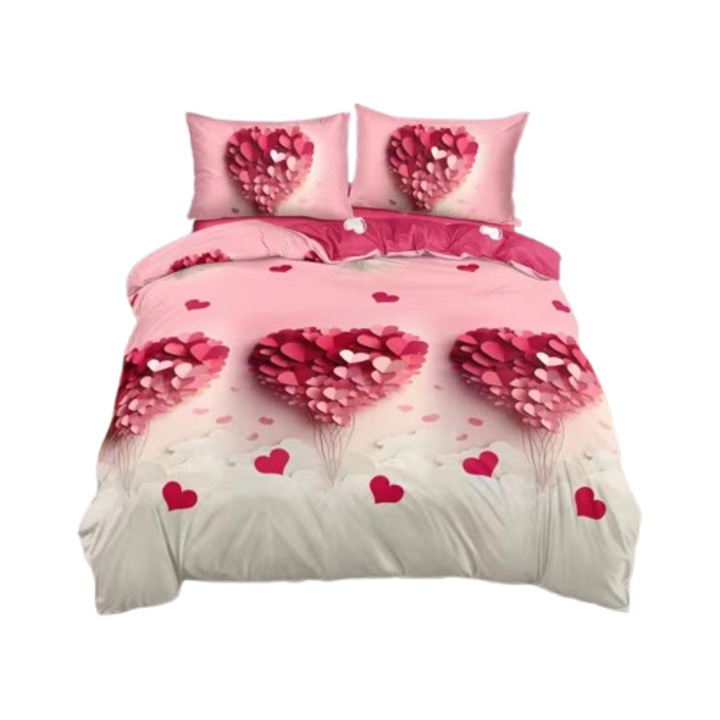 4 részes ágynemű, gumis, 2 személyes 180x200 cm, Szívecskék mintával