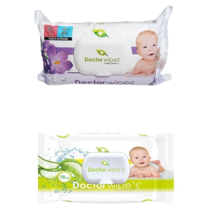 Servetele umede bebelusi Doctor Wipes, cu aloe vera si flori, 2 seturi x 72 bucati