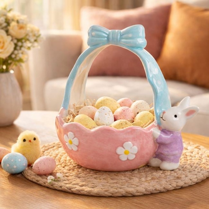 Decor Masa Paste Suport Ceramic Pentru Oua Cosulet Cu Maner Funda Iepuras Lila Roz Primavara