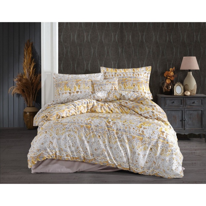 Set de lenjerie pentru pat dublu, cearceaf de pat 240x260cm, cearceaf de pilota 200x220cm, cu 4 fete de perna, Bamboo Satin, Ronesance Mustard