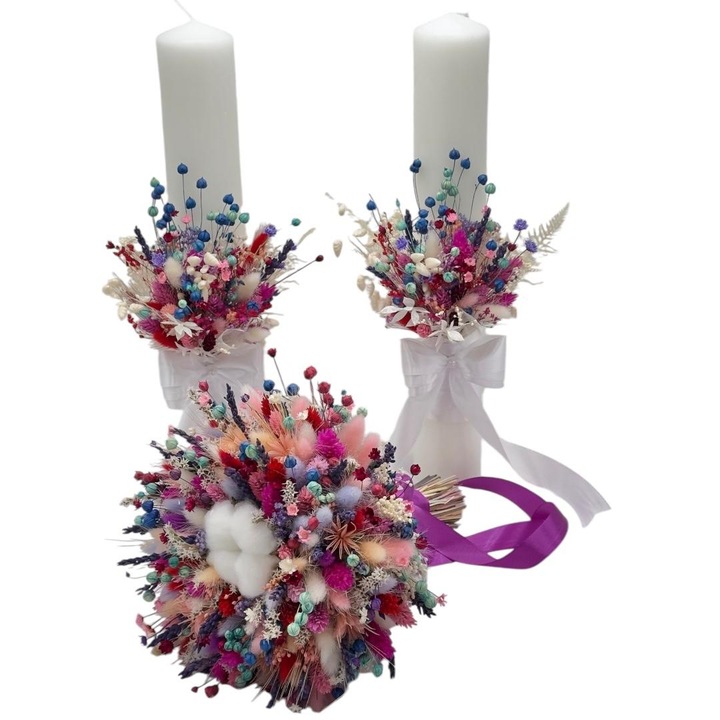 Set buchet si lumanari decorative pentru nunta, Eventissimi, Cotton Dried Floral Set 40, 40 cm, parafina, flori de bumbac si plante naturale uscate, multicolor