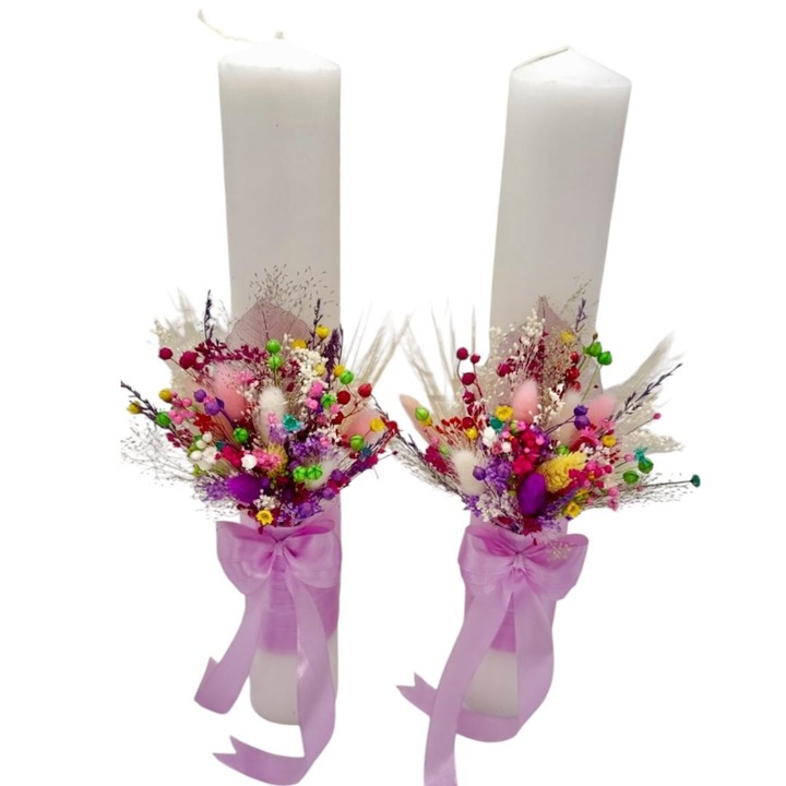Set 2 lumanari decorative pentru nunta, Eventissimi, Dried Floral Multicolor 40, 40 cm, parafina, mix plante naturale uscate, aranjament frontal