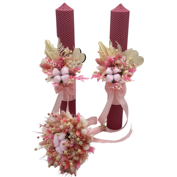 Set buchet si 2 lumanari decorative pentru nunta, Eventissimi, Dark Rose Dried Floral Set 40, 40 cm, ceara naturala roz inchis, mix plante naturale uscate, multicolor
