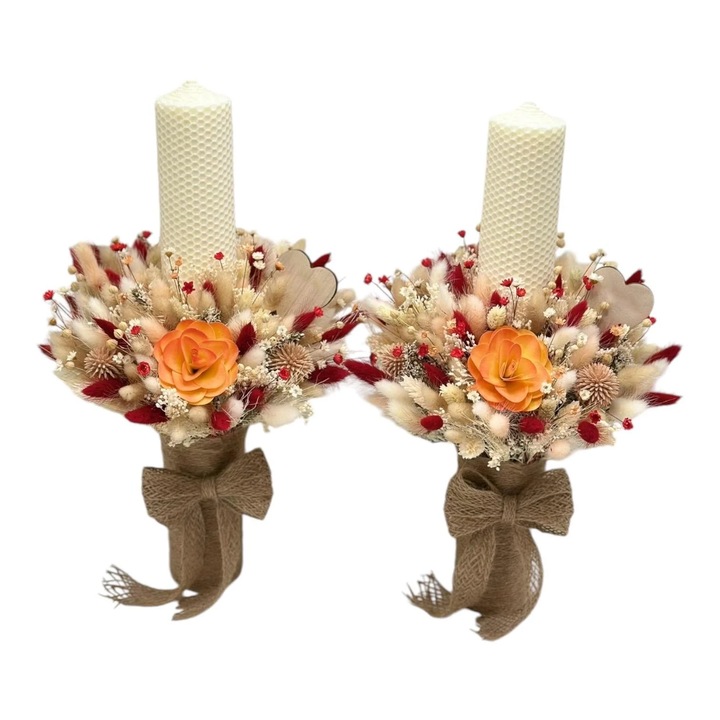 Set 2 lumanari tip fagure pentru nunta sau botez, Eventissimi, Ivory Honeycomb Dried Floral 40, 40 cm, ceara naturala ivory, mix plante naturale uscate, aranjament frontal