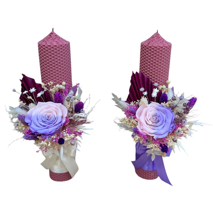 Set 2 lumanari decorative pentru nunta sau botez, Eventissimi, Pink Natural Palm Floral 30, 30 cm, ceara naturala roz, trandafir criogenat, plante naturale uscate, frunza de palmier