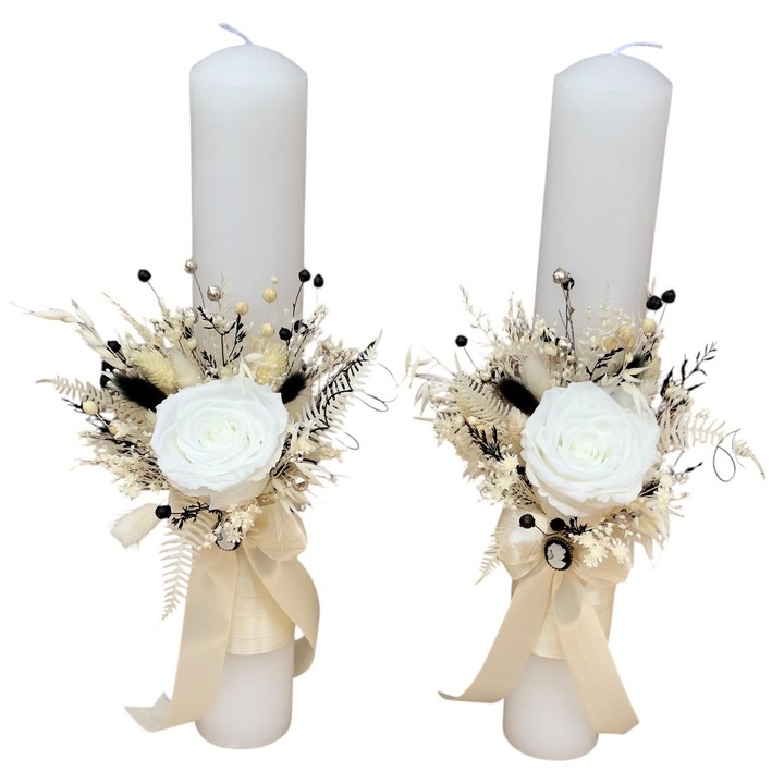 Set 2 lumanari decorative pentru nunta sau botez, Eventissimi, Crio Rose & Green Floral 40, 40 cm, parafina, trandafiri criogenati si plante naturale criogenate