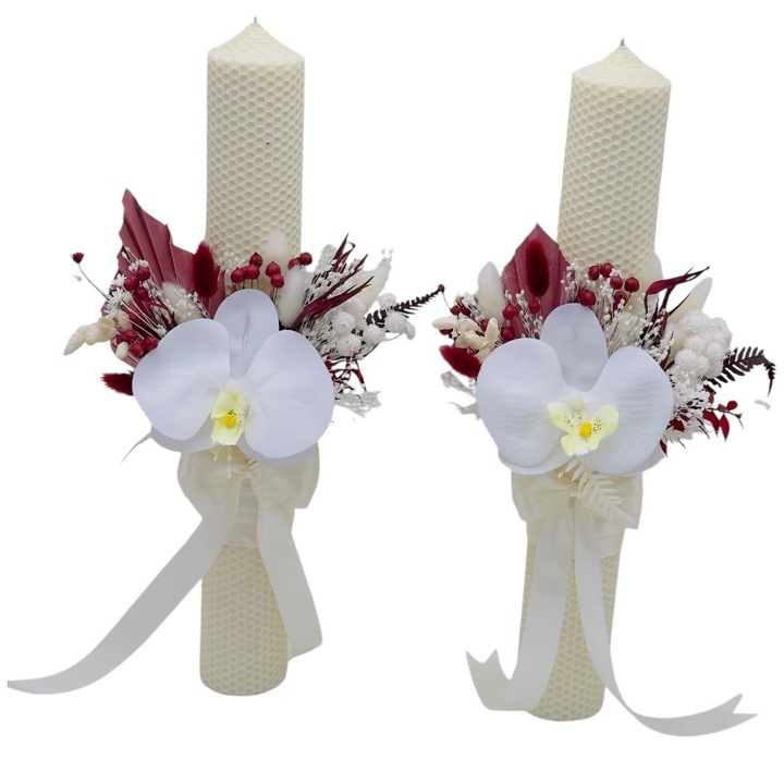 Set 2 lumanari tip fagure pentru nunta, Eventissimi, Ivory Orchid Real Touch Dried Floral 40, 40 cm, ceara naturala ivory, orhidee real touch si plante naturale uscate