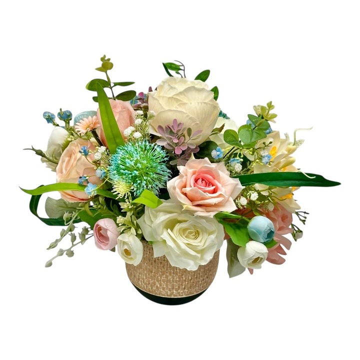 Aranjament cu plante artificiale in ghiveci ceramic, Eventissimi, AF-078, 25 cm, 20 cm diametru