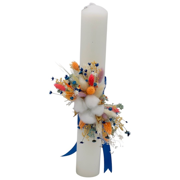 Lumanare decorativa pentru cununie si botez, Eventissimi, Cotton Dried Floral 40, 40 cm, parafina, floare de bumbac, plante naturale uscate