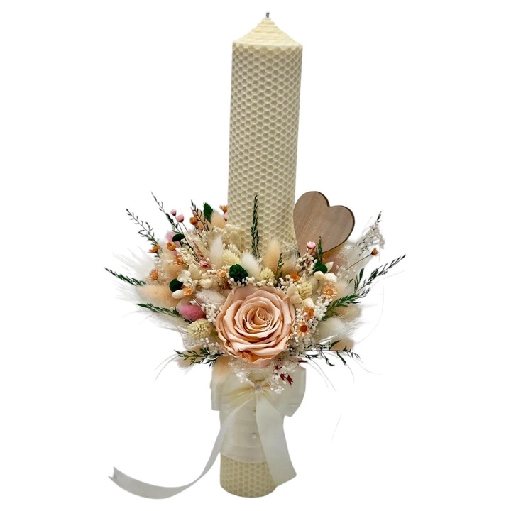 Lumanare decorativa pentru cununie si botez, Eventissimi, Natural Crio Floral 40, 40 cm, ceara naturala, flori criogenate, plante naturale uscate
