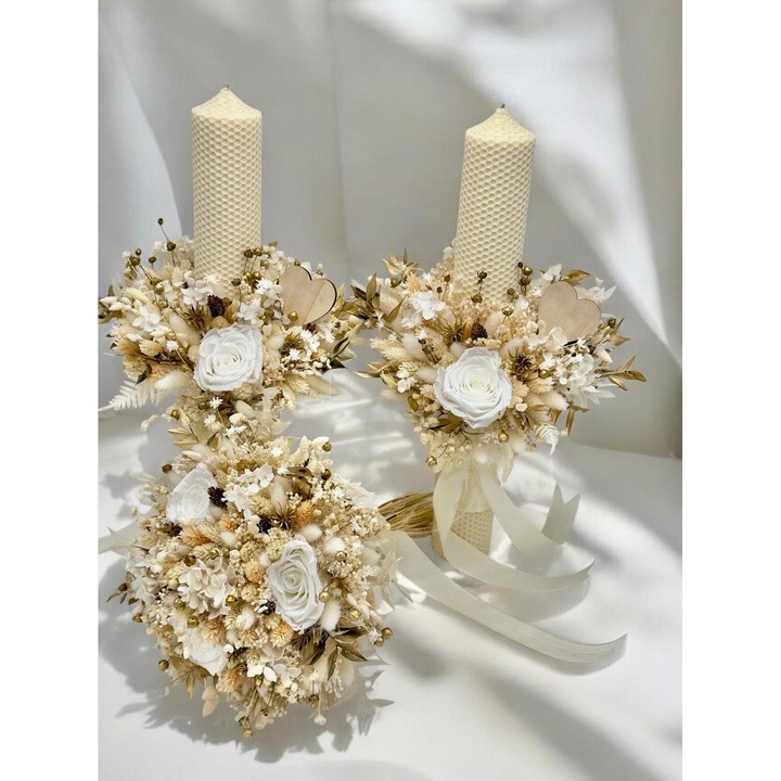 Set buchet cu lumanari decorative, Eventissimi, trandafiri criogenati, plante naturale uscate, multicolor, 3 piese