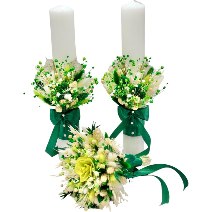 Set nunta cu 2 lumanari si buchet decorativ, Eventissimi, White Green Dried Floral Set, 40 cm, parafina, aranjament frontal, plante naturale uscate, alb verde