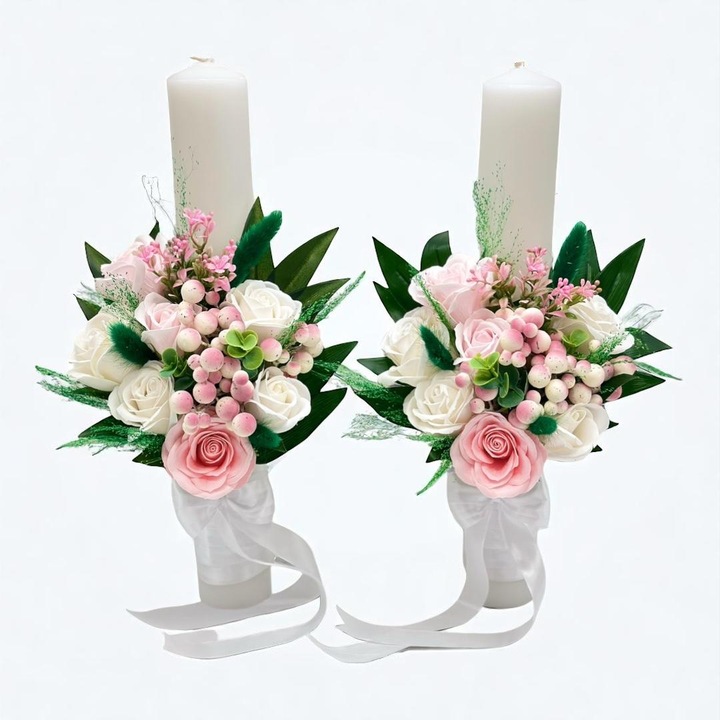 Set 2 lumanari decorative pentru nunta, Eventissimi, Rose & Green Dried Floral, 40 cm, parafina, trandafiri si plante naturale uscate, multicolor