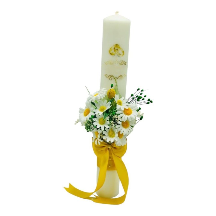 Lumanare decorativa pentru cununie si botez, Eventissimi, LN-040, 40 cm, parafina, margarete din matase, frunze voal, plante naturale uscate, alb verde