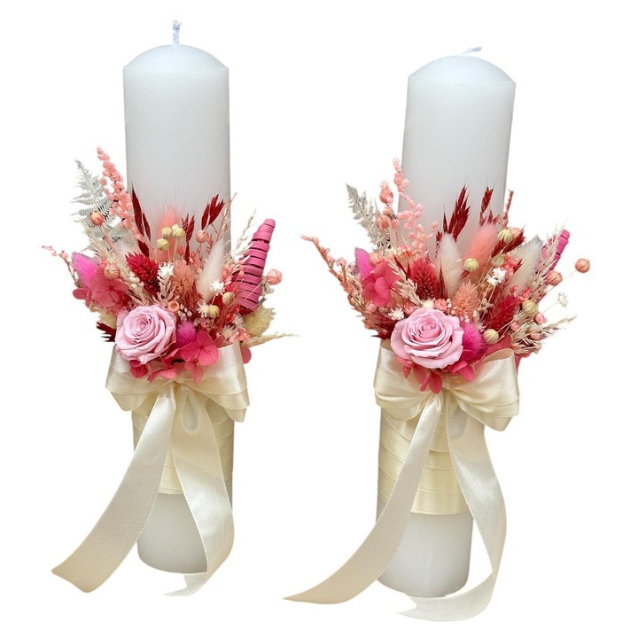 Set 2 lumanari decorative pentru nunta, Eventissimi, Pink White Crio Floral 30, 30 cm, parafina, aranjament frontal cu miniroze criogenate si plante naturale uscate