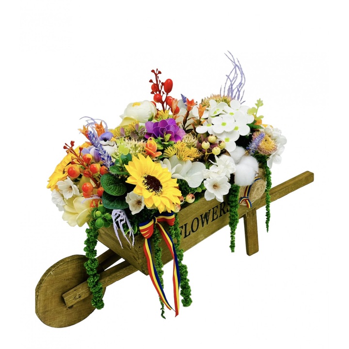 Aranjament floral traditional in cutie tip roaba, Eventissimi, Traditional Wheelbarrow Box, 46 x 22 x 26 cm, multicolor