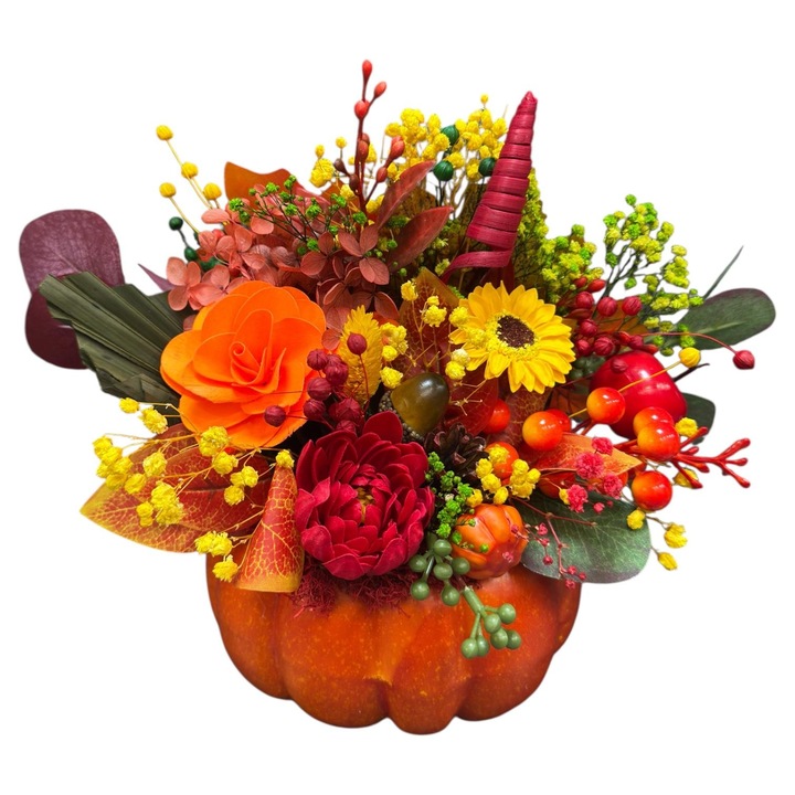 Aranjament floral de toamna in dovleac decorativ cu flori artificiale si plante naturale uscate, Eventissimi, Autumn Pumpkin Floral Decor, multicolor