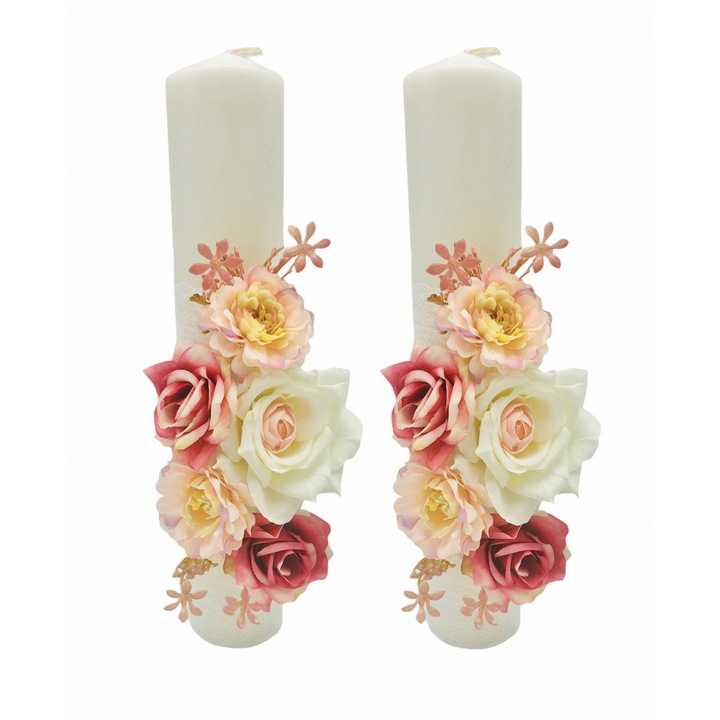 Set 2 lumanari decorative pentru nunta sau botez, Eventissimi, Silk Rose Paraffin Floral 30, 30 cm, parafina, trandafiri din matase, alb rosu