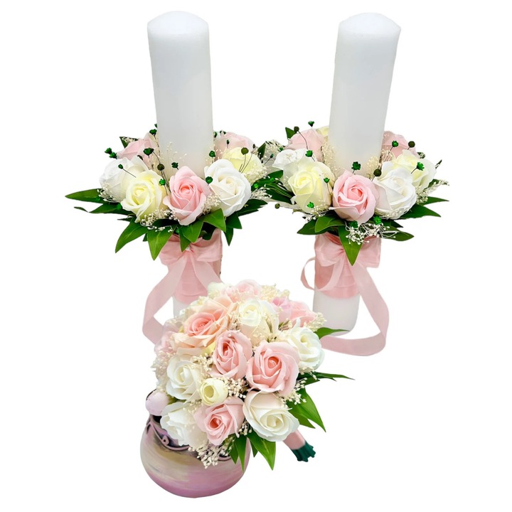 Set nunta cu buchet si 2 lumanari decorative, Eventissimi, Soap Rose Dried Floral Set 40, 40 cm, parafina, trandafiri din sapun si plante naturale uscate