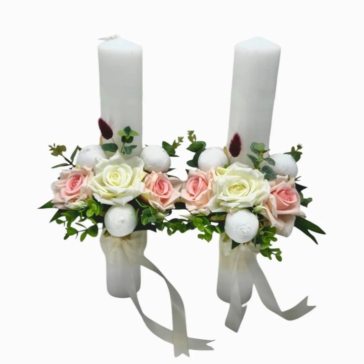 Set 2 lumanari pentru cununie, Eventissimi, Silk Rose Artificial Floral Set 40, 40 cm, parafina, trandafiri din matase si plante artificiale