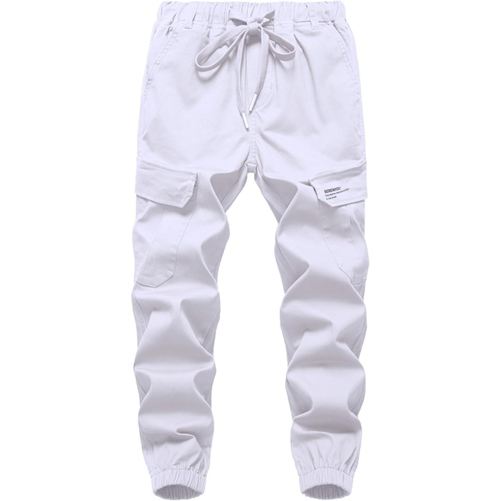 Gyerek cargo nadrág gumis derékkal és zsinórral, pamut elasztánnal, több zsebbel, Fehér