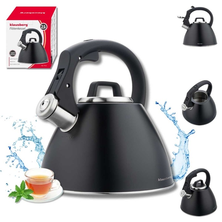 Ceainic din inox cu gwizdek, Klausberg KB-7952, 2,5L, negru mat, Soft-Touch
