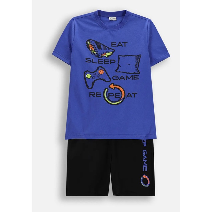 Pijama Coccodrillo băieți, set albastru cu imprimeu jocuri, pantaloni negri, Multicolor