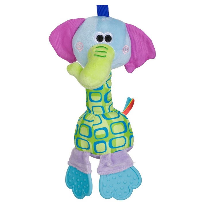 Elefánt csörgő fogzási játékokkal, textil, többszínű, 10x5x20cm