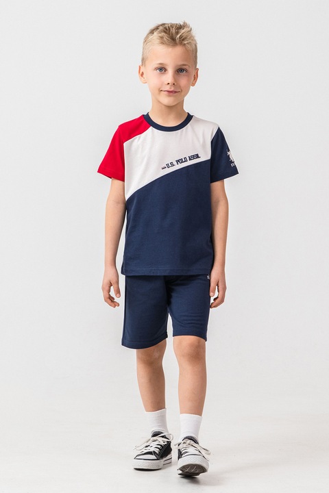 U.S. Polo Assn., Trening scurt din bumbac cu model colorblock, Rosu/Alb/Bleumarin